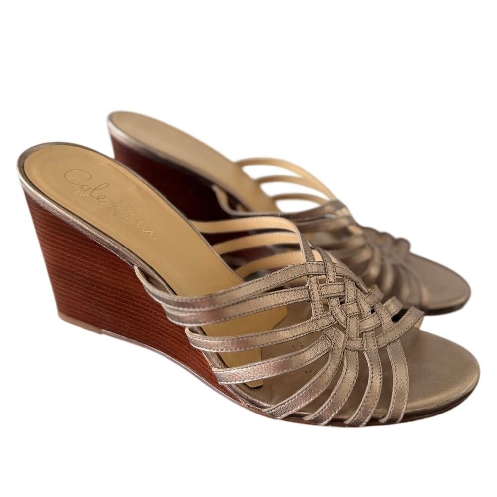 Cole Haan Bronze Caged Leather Wood Stacked Slip On Wedge Heel